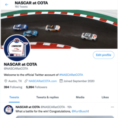 <a href="https://twitter.com/NASCARatCOTA" target=_blank>https://twitter.com/NASCARatCOTA</a>